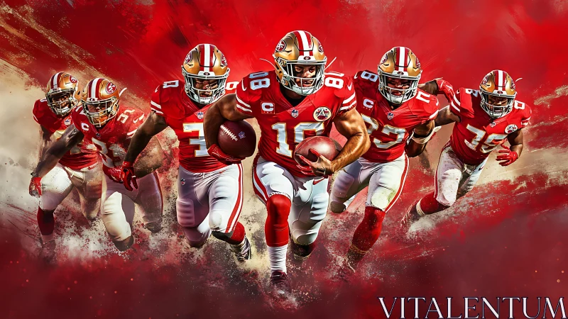 American football players in coordinated red uniforms run forward.