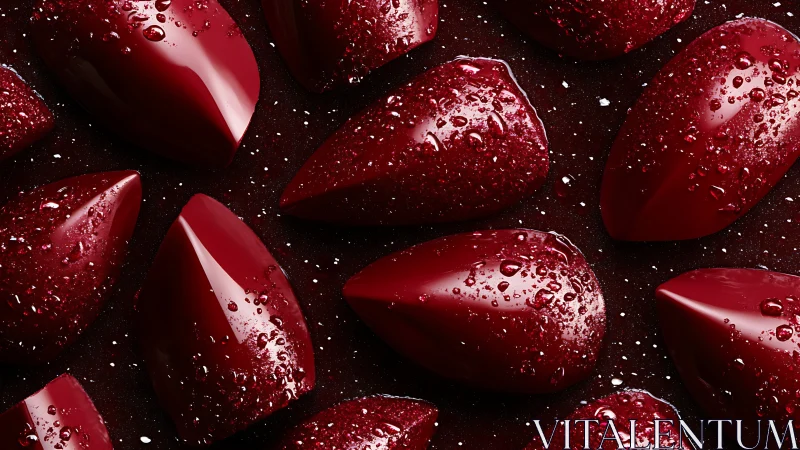 Glossy ruby droplets form geometric pattern under droplets.