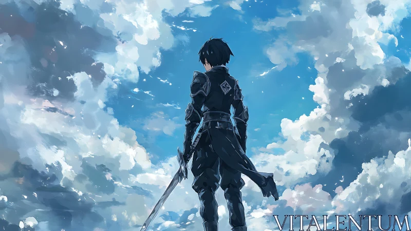 Lone armored swordsman standing under expansive sky.