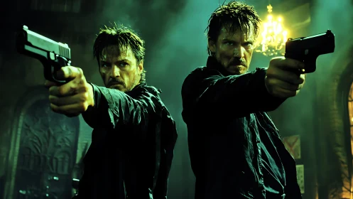 Two armed men aiming handguns in dim interior setting.