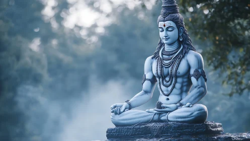 Serene Shiva statue in meditative pose under cool blue light