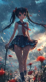 Stormlit schoolgirl amid crimson poppy field in rainstorm.