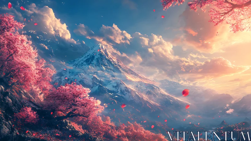 Snow peak rises above vivid cherry valley at sunset