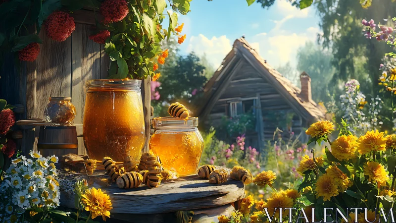 Backlit honey jars on rustic wooden table with cottage garden