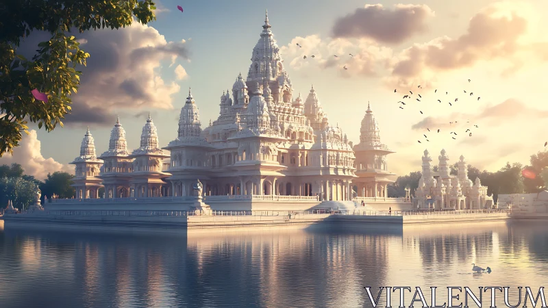 Sunlit marble temple complex reflected on calm lake surface.