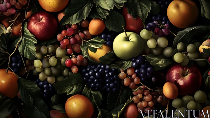 Lush seasonal fruits rest beneath deep green foliage.