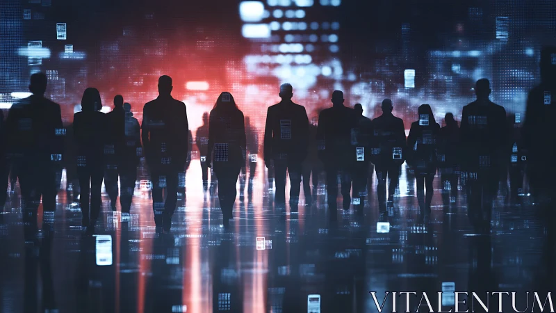 Silhouetted data subjects traversing algorithmic cityspace.