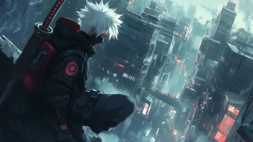 Silent cyberpunk sentinel watches over a neon-soaked city