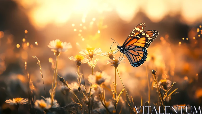 Monarch butterfly hovers over daisies in warm bokeh sunset field