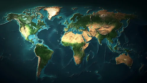 Global landmasses are displayed in shaded 3D relief view