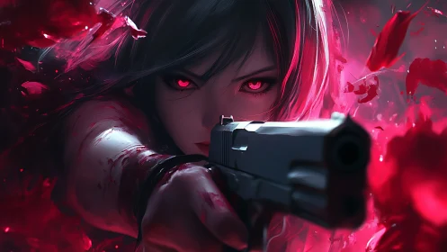 Vengeful anime assassin aims forward amid crimson storm