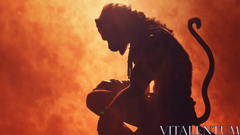 Fiery monkey warrior silhouette rests in quiet, mindful power