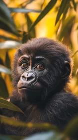 Young gorilla portrait in dense foliage with warm backlight.