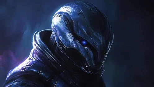 Cybernetic alien warrior glares from the shadows in blue light.