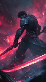 Armored swordsman holds dual glowing blades in red mist