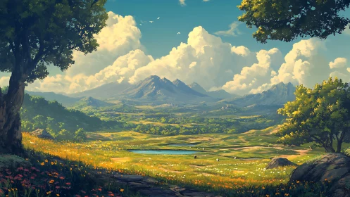 Lush valley landscape under towering summer mountains.