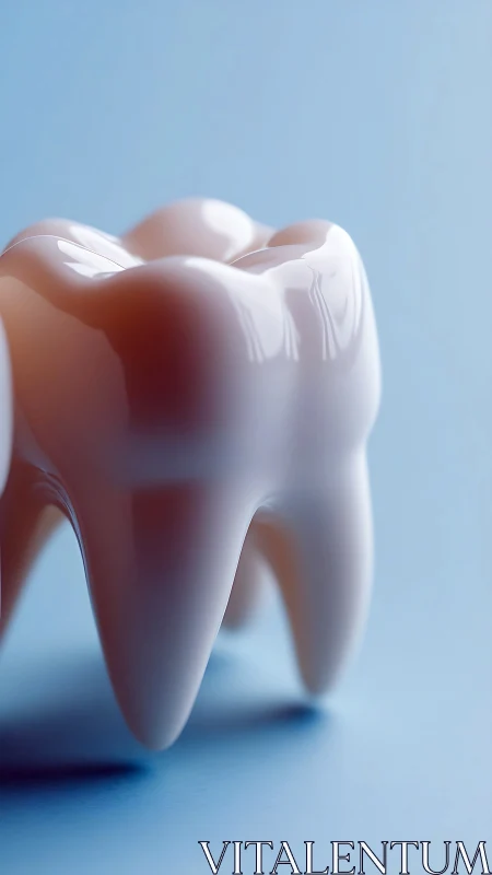 Glossy molar model stands on blue surface in soft light