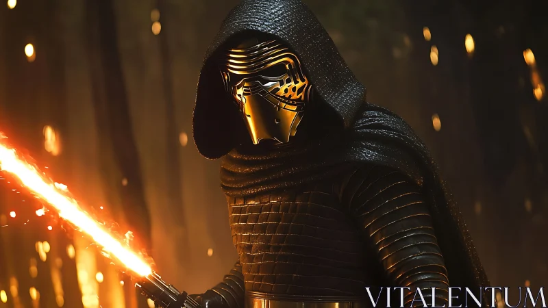 Hooded space warrior poised with crackling fiery blade.