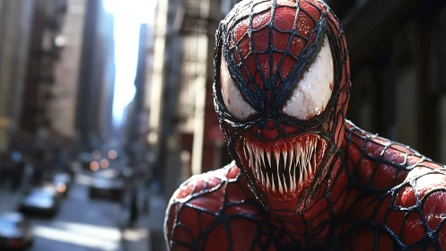 Monstrous red webbed creature snarling above city street.