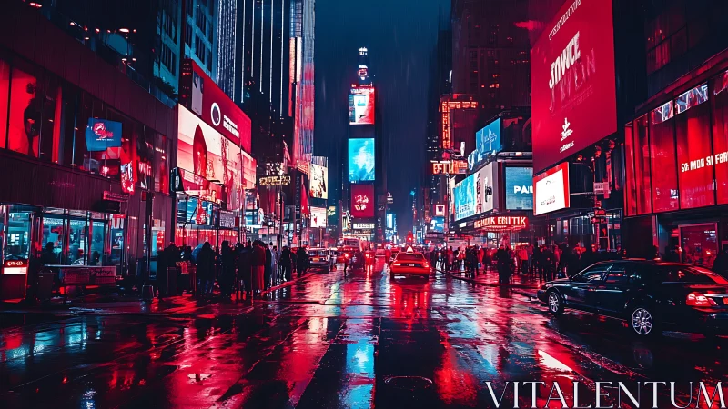 Neon city street glows warmly on a rainy, bustling night