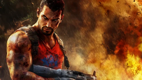 Battle-hardened soldier amid inferno of blazing chaos.