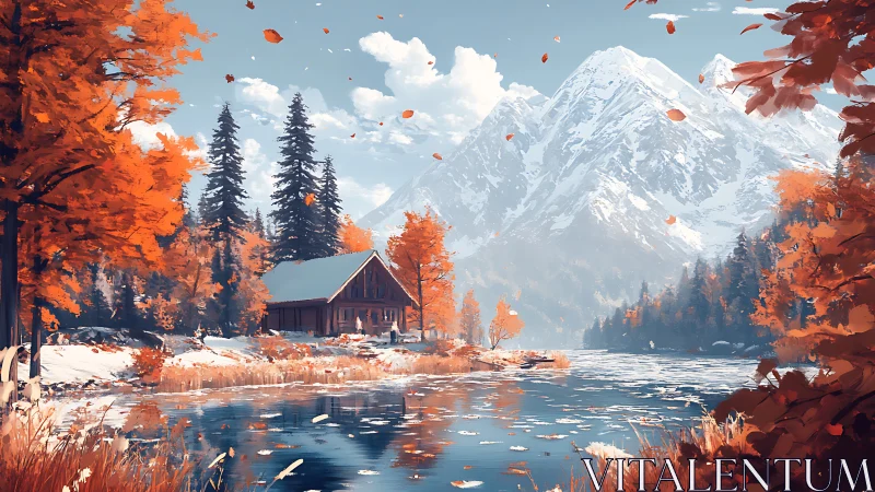 Autumn cabin by reflective lake with snow covered mountains.