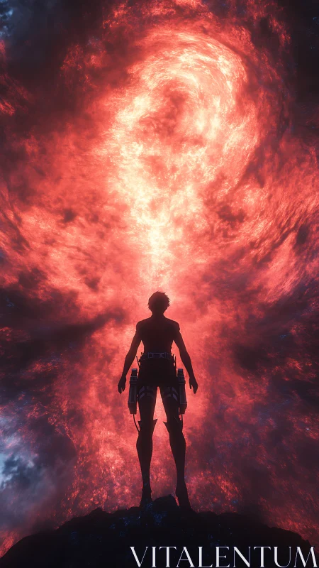 Silhouetted warrior confronts swirling red cosmic vortex.