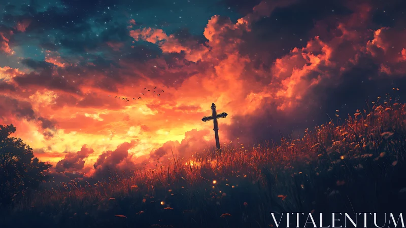 Lonely weathered cross rises over blazing twilight field sky