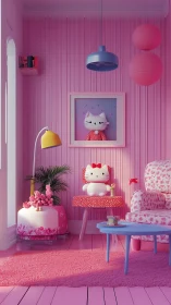 Pink themed 3D room with cat figurines and floral furniture