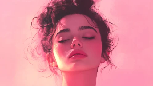 Digital portrait of young woman against monochrome pink field.