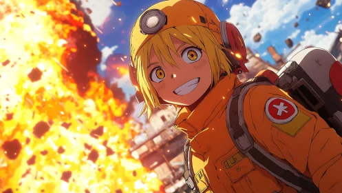 Smiling anime rescuer amid blazing urban explosion scene.