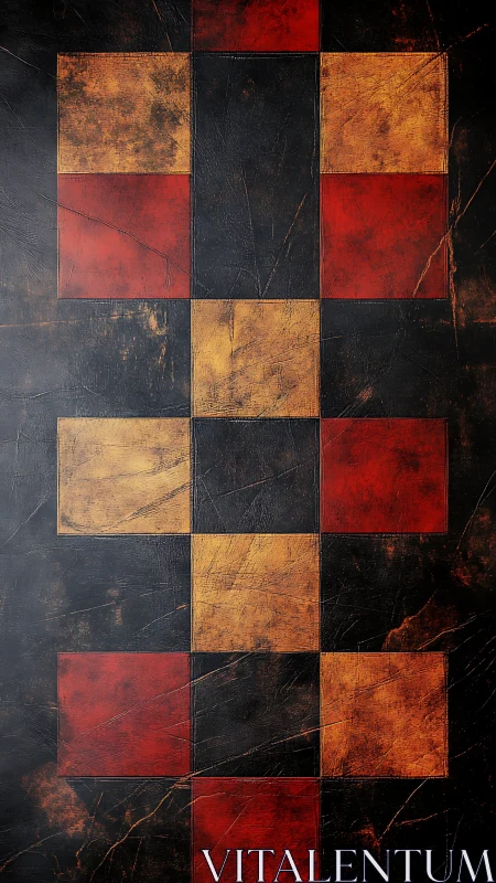 Warm checkered blocks glow gently against dark textured space