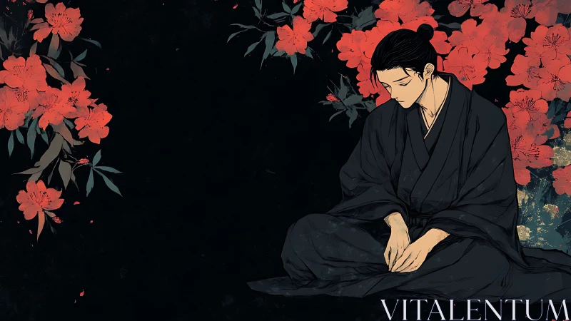 Midnight blossoms cradle a quiet soul in folded ink