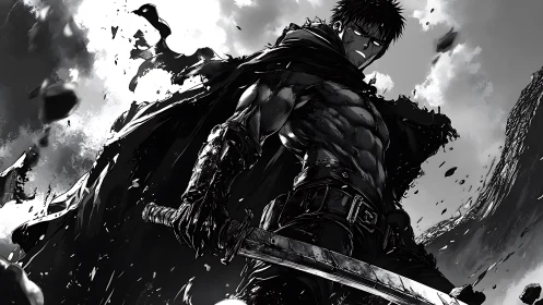 Monochrome warrior with greatsword under fractured storm sky