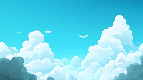 Sunlit cumulus clouds under clear blue summer sky.