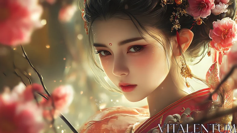 Elegant oriental maiden amid glowing spring blossoms.