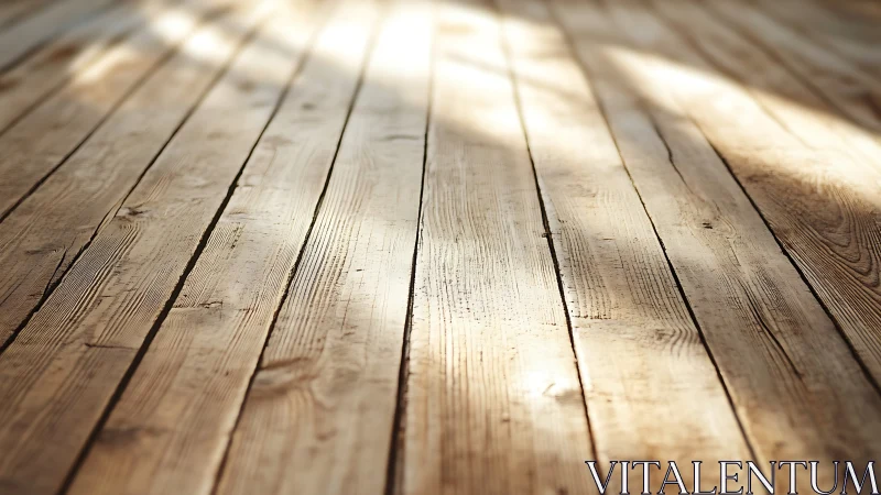 Sunlit wooden floorboards glow with warm rustic texture.