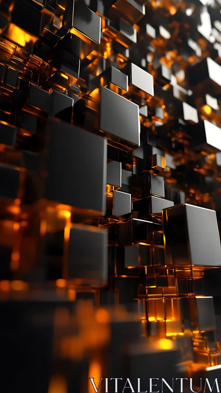 Volumetric black cubes with molten amber inner reflections.