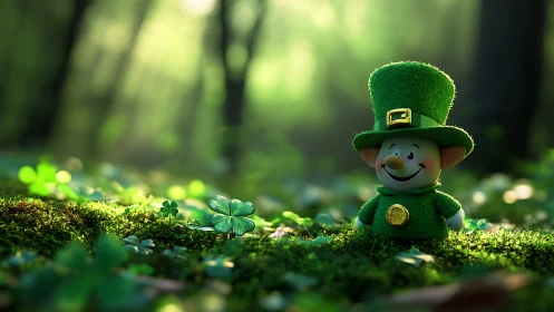 Leprechaun figurine on mossy forest floor with clovers.