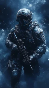 Calm tactical soldier emerging through swirling blue haze.