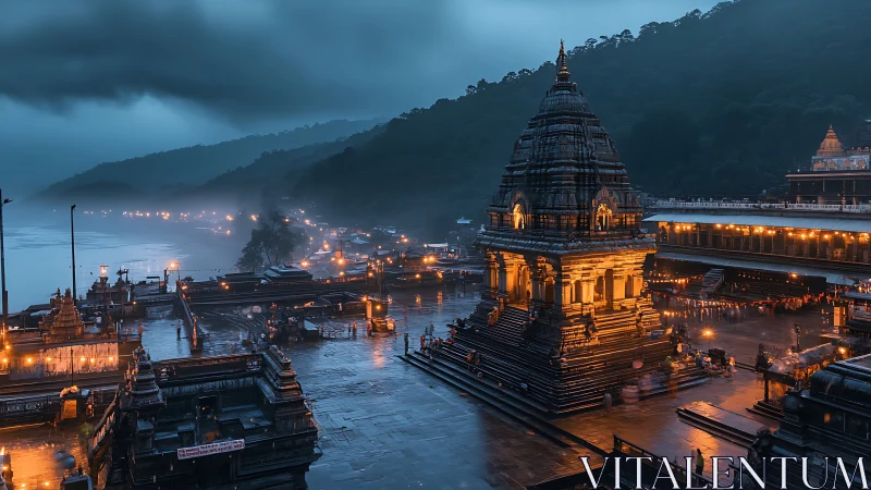 Riverside temple complex at dusk under overcast sky.