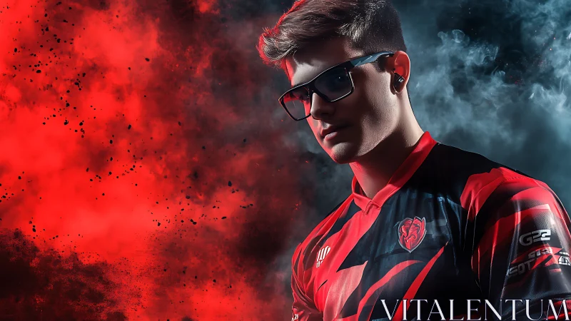Esports gamer portrait in dynamic red smoke backdrop.