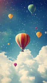 Colorful hot air balloons drift through a starry cloudscape