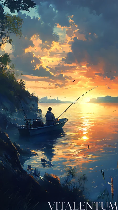 Solitary angler in small boat at sunset on reflective river