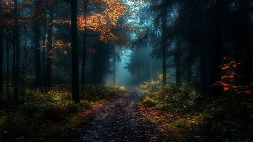 Mystical Forest Path Through Autumn Mist and Golden Light.