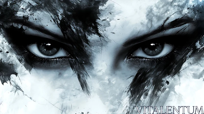 Piercing monochrome eyes emerge from ink-splattered chaos.