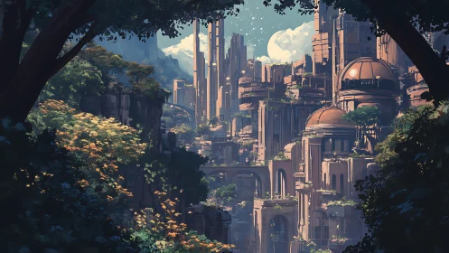 Dense vertical cityscape within overgrown forest canyon.