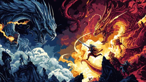 Twin dragons clash as lone warrior battles fire and storm