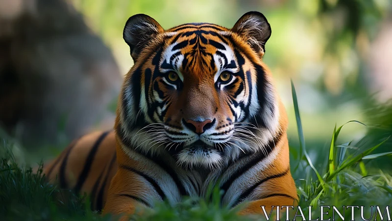 Resting Bengal tiger in shallow depth-of-field forest habitat
