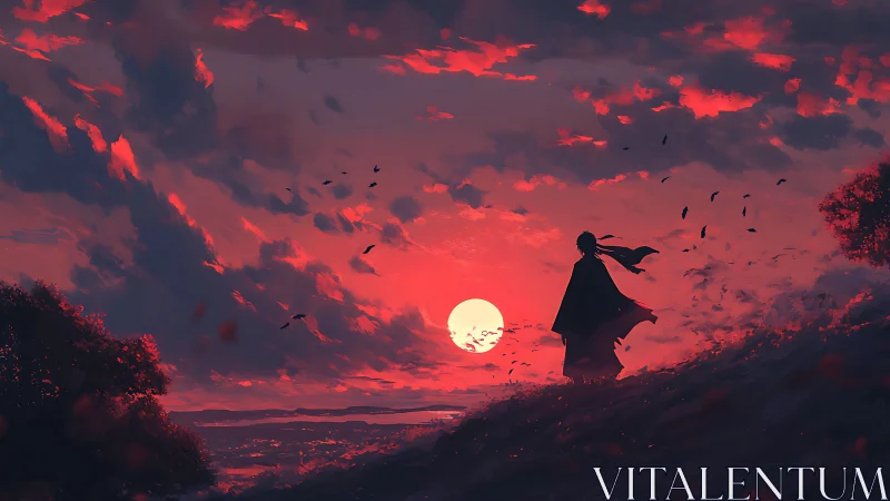 Lone wanderer watches a crimson sun sink beneath storm clouds.